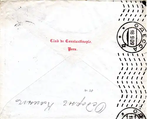 Dt. Post Türkei 1909, 1 Pia./20 Pf. auf Brief v. Constantinopel n. Russland