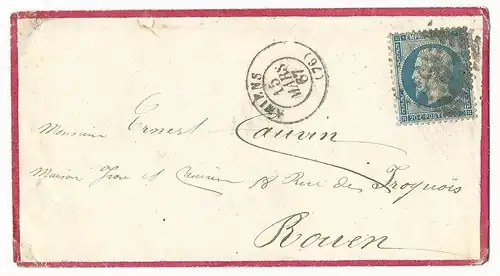 Frankreich, 20 C. auf gedrucktem Rotrand Zier Brief m. rs. Monogramm v. Amiens