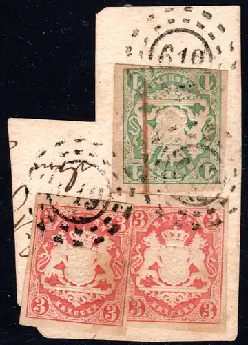 Bayern, oMR 619 Welchenberg 3x auf Briefstück m. 1+3+3 Kr.