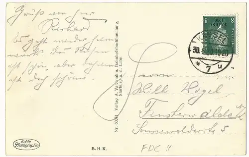 DR 444, 8 Pf. auf FDC Postkarte v. Kassel 30.7.30