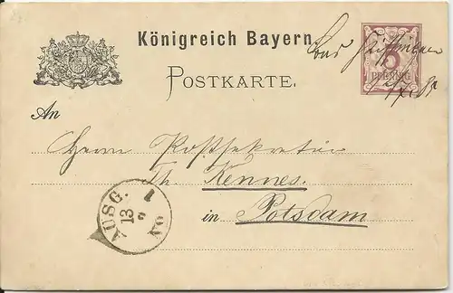 Bayern 1885, handschriftl. Entwertung "Bad Kissingen" auf Ganzsache n. Potsdam