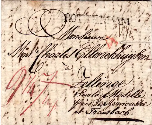 NL 18225, L1 Rotterdam u. rot "4" auf Porto Brief n. Zeltingen, Preussen