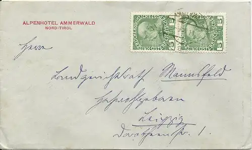Österreich 1911, Paar 5 H. auf Hotel Brief v. Ammerwald Tirol.