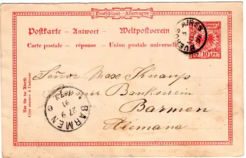 DR 1891, 10 Pf. Antwort Ganzsache von BUENOS AIRES Argentinien zurückgebraucht!