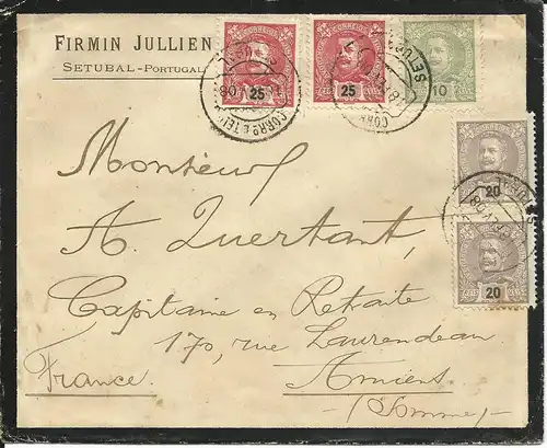 Portugal 1900, 5 Marken auf Trauer Brief v. Setubal n. Frankreich.