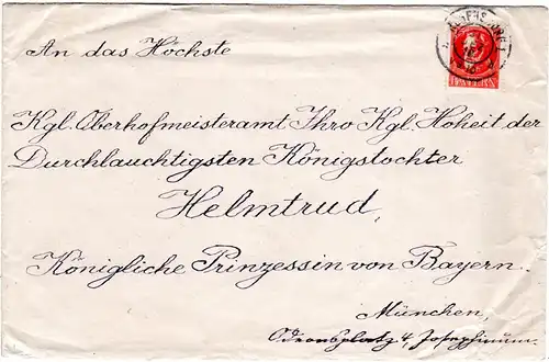 Bayern 1916, 15 Pf. auf Brief v. Regensburg an d. Königliche Prinzessin Helmtrud