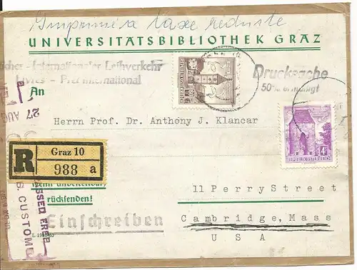 Österreich, 60 G.+4 S auf Adressträger f. Drucksache Einschreiben v. Graz n. USA