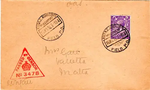 Ägypten 1916, Austral. u. Neuseeland Corps FPO, Brief m. Malta Zensur No. 3478