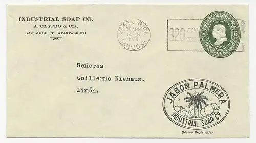 Costa Rica 1938, gebr. 5 C. Ganzsache Brief m. Reklame Zudruck Jabon Palmera