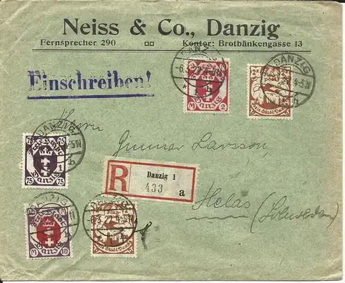 Danzig 1922, 5 Marken auf Firmen Einschreiben Brief n. Schweden