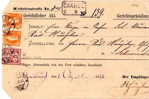 Schweiz 1883, 5 C. weisses Papier zus. m. Paar 20 C. auf Reko Gerichtsakten-Teil