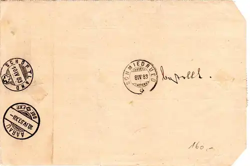 Schweiz 1883, 5 C. weisses Papier zus. m. Paar 20 C. auf Reko Gerichtsakten-Teil