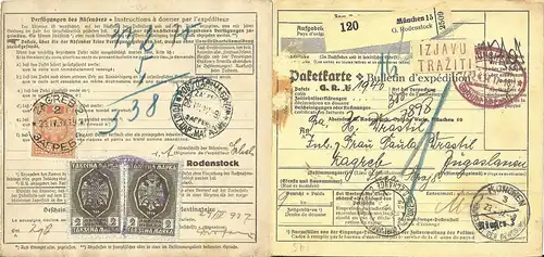 DR 1937, viol. München Gebühr bezahlt auf Paketkarte m. Jugoslawien Portomarken