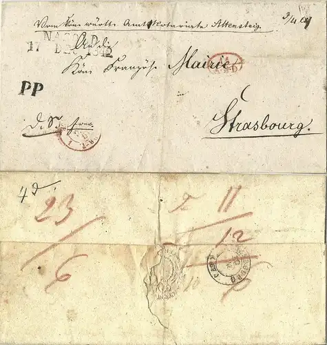 Württemberg 1842, L2 NAGOLD, PP u. 11 AED in rot auf Dienst Brief n. Frankreich