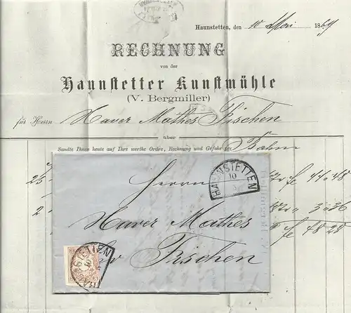 Bayern 1869, breitr. 3 Kr. auf Brief m. HKS HAUNSTETTEN (Sem 150.-) n. Fischen