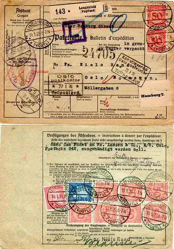 DR 1926, 9x50+10+20 Pf. auf Paketkarte v. Lengenfeld n. Norwegen