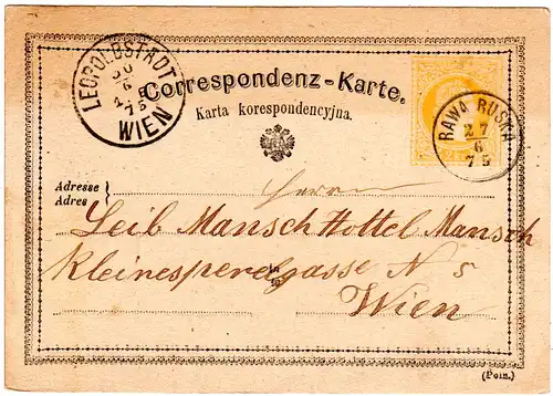 Österreich 1875, kl. K1 RAWA RUSKA (Ukraine) klar auf 2 Kr. Ganzsache n. Wien