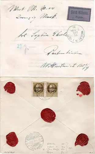 Bayern 1920, MeF Paar 75 Pf. Freistaat rücks auf Eilboten Wert Brief v. WEILHEIM