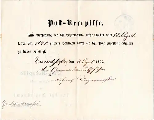 Bayern 1892, Post-Recepisse m. K1 ERMETZHOFEN n. Uffenheim