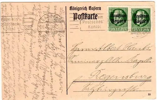 Bayern 1920, MeF 2x7 1/2 Pf. auf Karte m. Maschinenstpl. (kopfstehend!) Bamberg