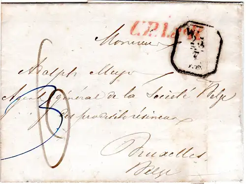 Österreich 1857, roter L1 UPA.3.R. auf Porto Brief v. Wien n. Belgien
