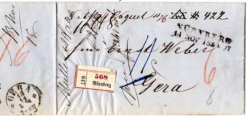 Bayern 1860, L2 NÜRNBERG auf Paketbrief n. Gera, Thurn & Taxis Gebiet