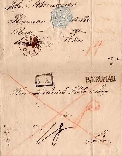 Österreich 1830, L1 B. KRUMAU u. R1 L.A. auf Teilporto Brief n. GB