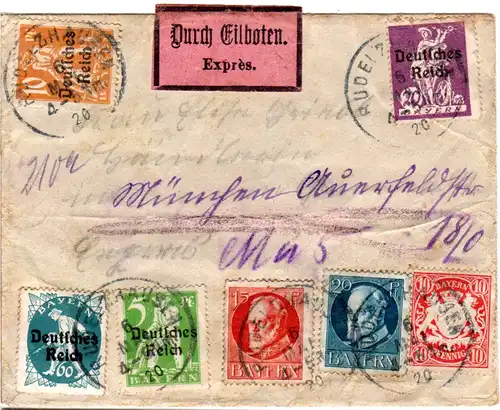 DR-Bayern 1920, Mischfrankatur m. 7 Marken auf Eilboten Brief v. RUDELZHAUSEN