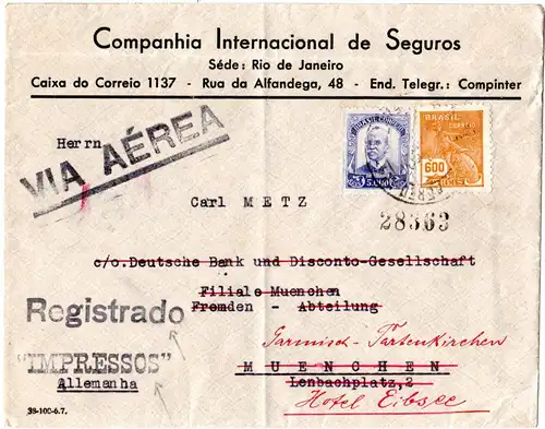 Brasilien 1937, 5000+600 R. auf Luftpost Einschreiben Drucksache n. Deutschland.