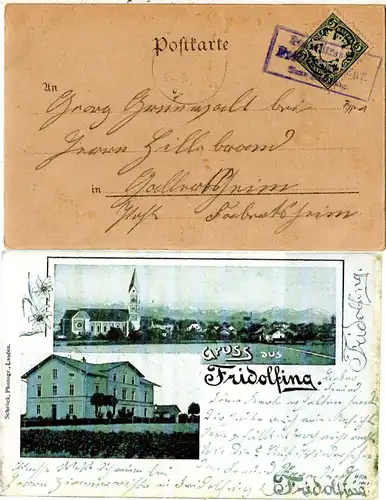 Bayern 1900, Posthilfstelle FRIDOLFING Bhf. Taxe Fridolfing auf AK m. 5 Pf.