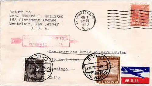 USA-Chile u. retour 1946, Mischfrankatur auf Panagra Air Mail Test Brief