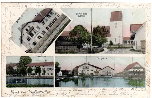 Gruss aus Grossdingharting m. Schule u. Gasthaus, 1902 gebr. Farb-Mehrbild AK