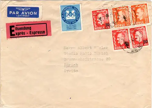 Norwegen 1952, Olympiade Vignette auf Eilboten Brief m. 5 Marken v. Oslo i.d. CH