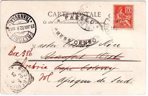 Frankreich 1902, 10 C. auf Zensur Karte v. Paris ans Kap der Guten Hoffnung. 