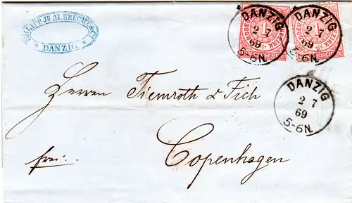 NDP 1869, 2x1 Gr. auf Brief v. DANZIG n. Dänemark