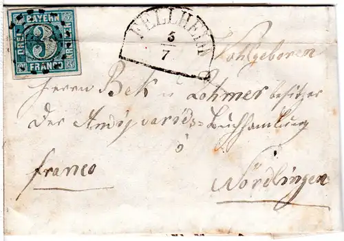 Bayern 1862, oMR 613 FELLHEIM auf Brief m. 3 Kr. n. Nördlingen.