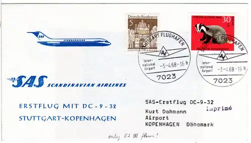 1968, SAS DC-9 Erstflug-Brief Stuttgart-Kopenhagen, Sonderumschlag m. Ank.Stpl.