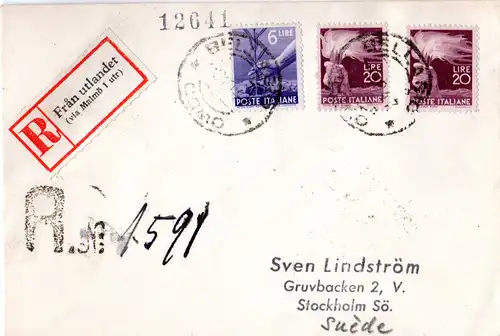 Italien 1947, 6+2x20 L. auf Reko Drucksache Brief v. Bellagio Como n. Schweden