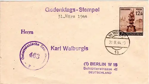 Österreich 1944, 12+38 Pf. Fulda auf Ostmark Überroller Brief m. Zensurstelle Z