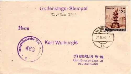 Österreich 1944, 12+38 Pf. Fulda auf Ostmark Überroller Brief m. Zensurstelle Z