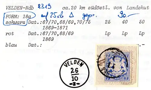 Bayern 25 Xb auf Briefstück m. Zier-K1 VELDEN. Geprüft.