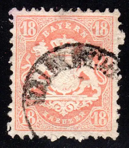 Bayern 27 Y, 18 Kr. rot m. Zierstempel WALDKIRCHEN. Geprüft