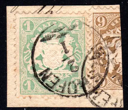Bayern 22Xc, 1 Kr. bläulichgrün auf Briefstück m. Zierstempel VILSHOFEN. Geprüft