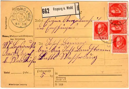 Bayern 1917, Posthilfstelle KARLSBACH Taxe Waldkirchen auf Paketkte m. MeF 15 Pf