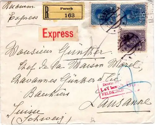 Österreich 1917, 30+Paar 25 H. auf Einschreiben Eilboten Zensur Brief v. PARSCH