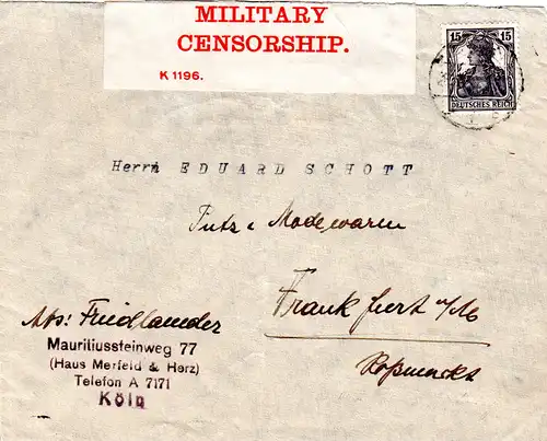 DR 1920, Rheinlandbesetzung, 15 Pf. Germania auf Brief v. Köln m. brit. Zensur