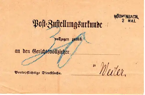 Bayern 1889, L2- Aushilfstempel RÖTHENBACH auf kpl. Post-Zustellungsurkunde