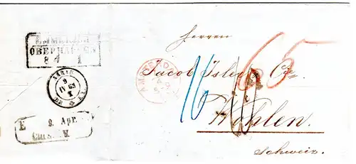 NL 1863, roter K1 Amsterdam auf Porto Brief via Preussen u. Baden i.d. Schweiz