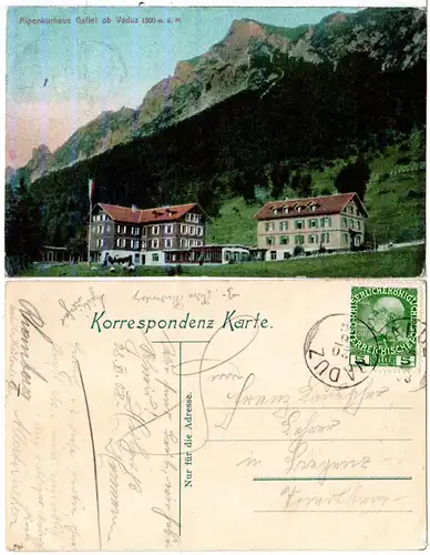Liechtenstein 1903, 5 H. Österreich m. K1 VADUZ auf Farb-AK Alpenkurhaus Gaflei
