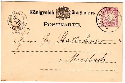 Bayern 1881, K.G.E. EXPEDITION MIESBACH auf 5 Pf. Ganzsache v. Augsburg